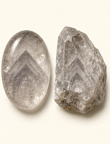 Phantom Quartz shown as a polished palm-stone or cabochon form beside a rough form in a generated educational comparison illustration