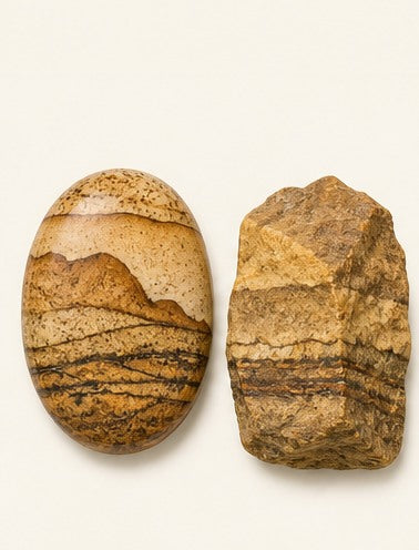 Picture Jasper shown as a polished palm-stone or cabochon form beside a rough form in a generated educational comparison illustration