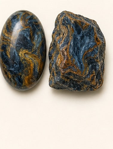 Pietersite shown as a polished palm-stone or cabochon form beside a rough form in a generated educational comparison illustration