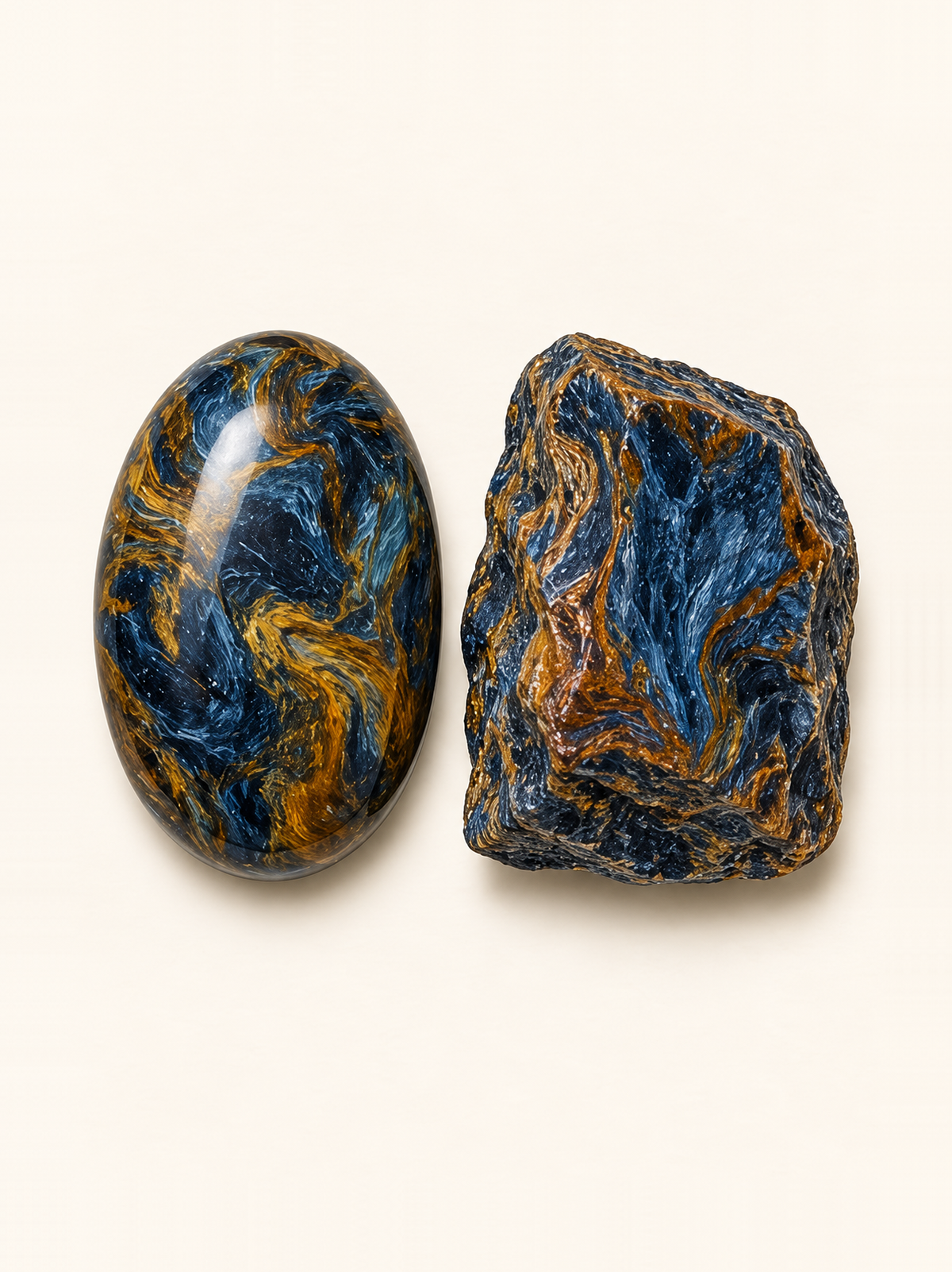 Pietersite shown as a polished palm-stone or cabochon form beside a rough form in a generated educational comparison illustration