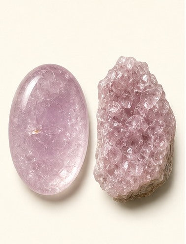 Pink Amethyst shown as a polished palm-stone or cabochon form beside a rough form in a generated educational comparison illustration