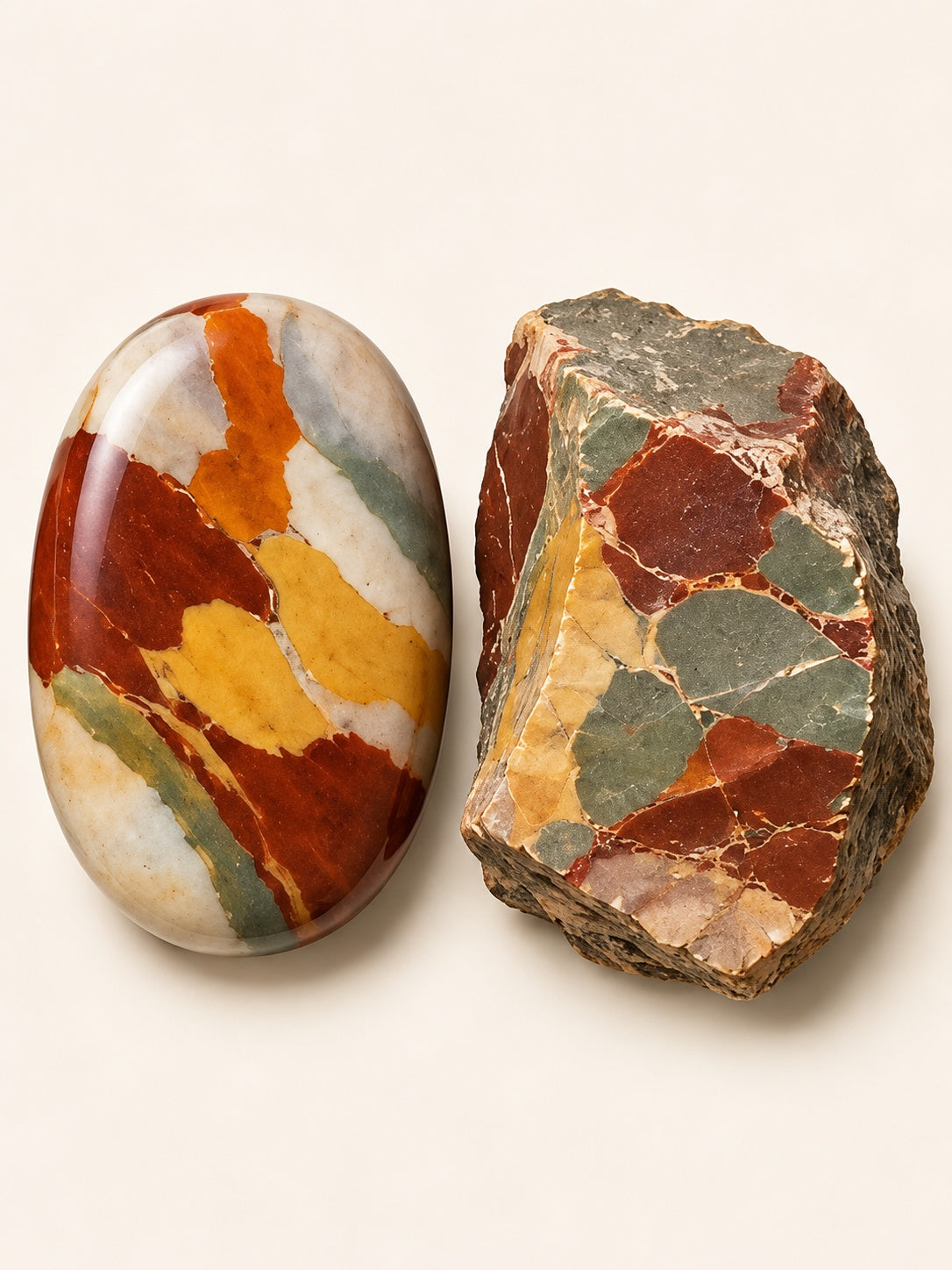 Polychrome Jasper shown as a polished palm-stone or cabochon form beside a rough form in a generated educational comparison illustration