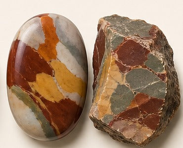 Polychrome Jasper shown as a polished palm-stone or cabochon form beside a rough form in a generated educational comparison illustration