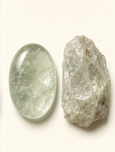 Prasiolite shown as a polished palm-stone or cabochon form beside a rough form in a generated educational comparison illustration