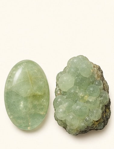 Prehnite shown as a polished palm-stone or cabochon form beside a rough form in a generated educational comparison illustration