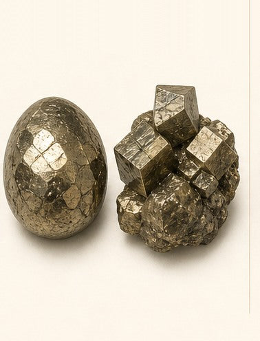 Pyrite shown as a polished palm-stone or cabochon form beside a rough form in a generated educational comparison illustration