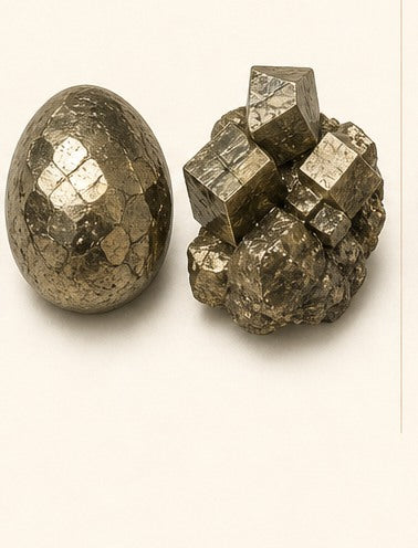 Pyrite shown as a polished palm-stone or cabochon form beside a rough form in a generated educational comparison illustration
