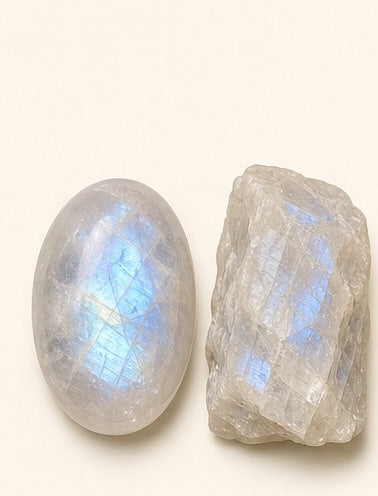 Rainbow Moonstone shown as a polished palm-stone or cabochon form beside a rough form in a generated educational comparison illustration