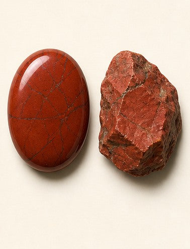 Red Jasper shown as a polished palm-stone or cabochon form beside a rough form in a generated educational comparison illustration