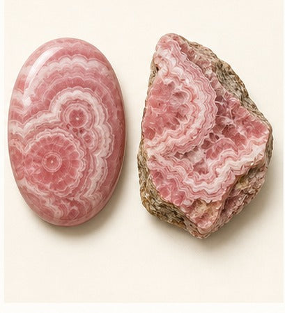 Rhodochrosite shown as a polished palm-stone or cabochon form beside a rough form in a generated educational comparison illustration
