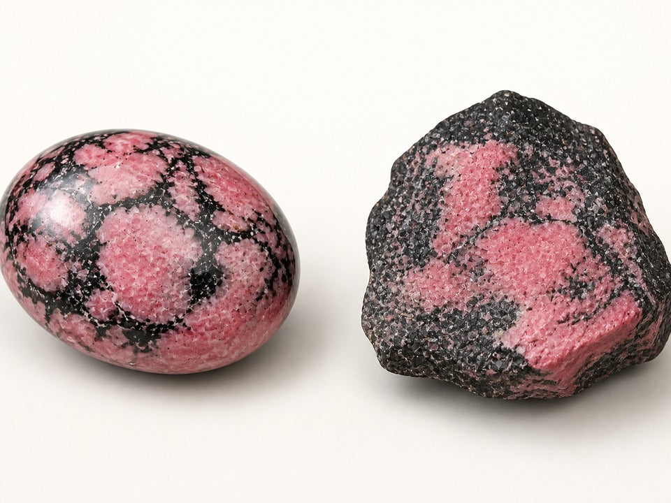 Rhodonite shown as a polished palm-stone or cabochon form beside a rough form in a generated educational comparison illustration