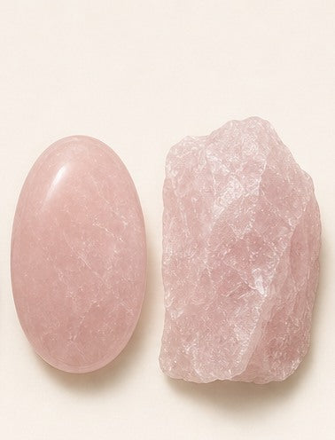 Rose Quartz shown as a polished palm-stone or cabochon form beside a rough form in a generated educational comparison illustration