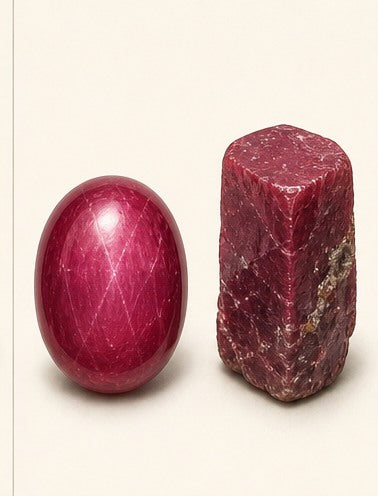 Ruby shown as a polished palm-stone or cabochon form beside a rough form in a generated educational comparison illustration