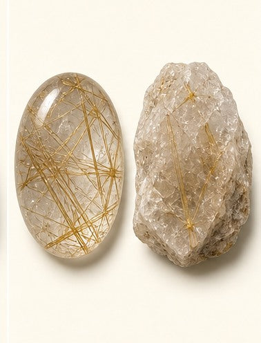 Rutilated Quartz shown as a polished palm-stone or cabochon form beside a rough form in a generated educational comparison illustration