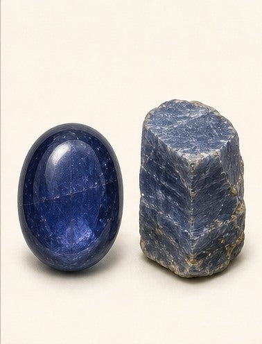 Sapphire shown as a polished palm-stone or cabochon form beside a rough form in a generated educational comparison illustration