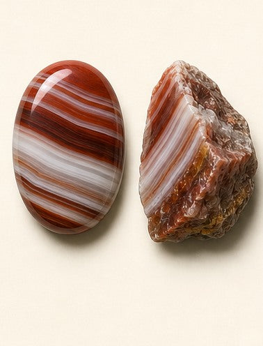 Sardonyx shown as a polished palm-stone or cabochon form beside a rough form in a generated educational comparison illustration