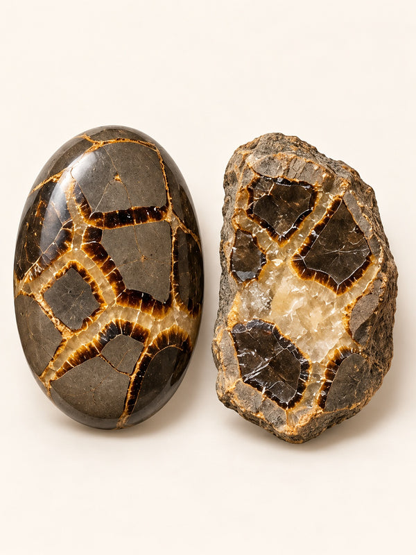 Septarian shown as a polished palm-stone or cabochon form beside a rough form in a generated educational comparison illustration