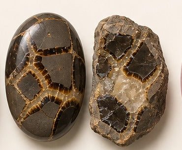 Septarian shown as a polished palm-stone or cabochon form beside a rough form in a generated educational comparison illustration