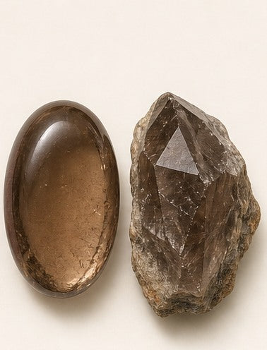 Smoky Quartz shown as a polished palm-stone or cabochon form beside a rough form in a generated educational comparison illustration