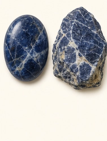 Sodalite shown as a polished palm-stone or cabochon form beside a rough form in a generated educational comparison illustration