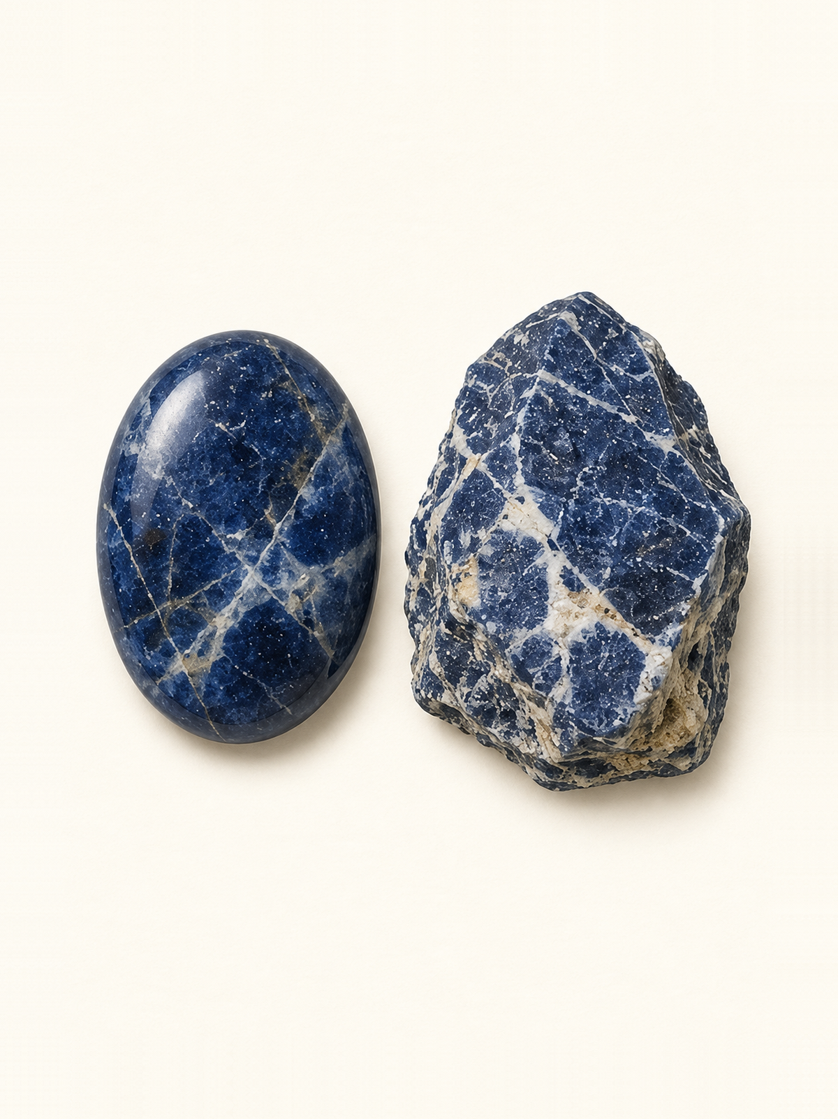 Sodalite shown as a polished palm-stone or cabochon form beside a rough form in a generated educational comparison illustration