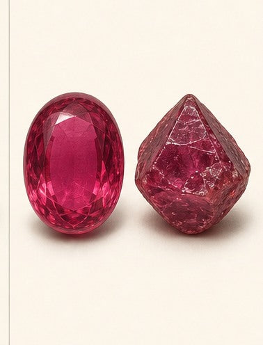 Spinel shown as a polished palm-stone or cabochon form beside a rough form in a generated educational comparison illustration