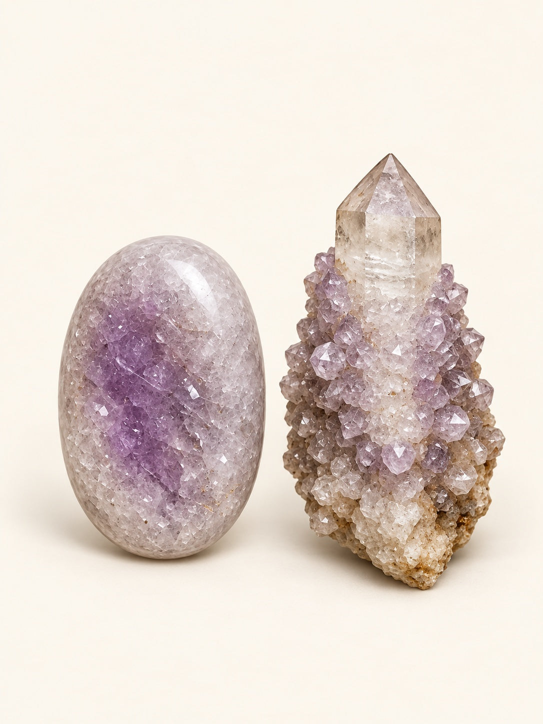 Spirit Quartz shown as a polished palm-stone or cabochon form beside a rough form in a generated educational comparison illustration