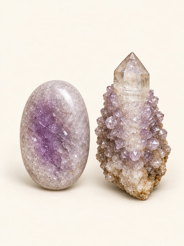 Spirit Quartz shown as a polished palm-stone or cabochon form beside a rough form in a generated educational comparison illustration