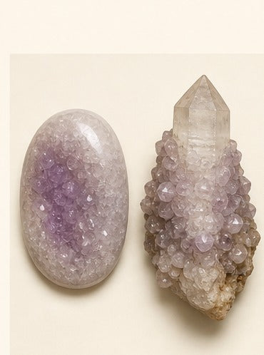 Spirit Quartz shown as a polished palm-stone or cabochon form beside a rough form in a generated educational comparison illustration
