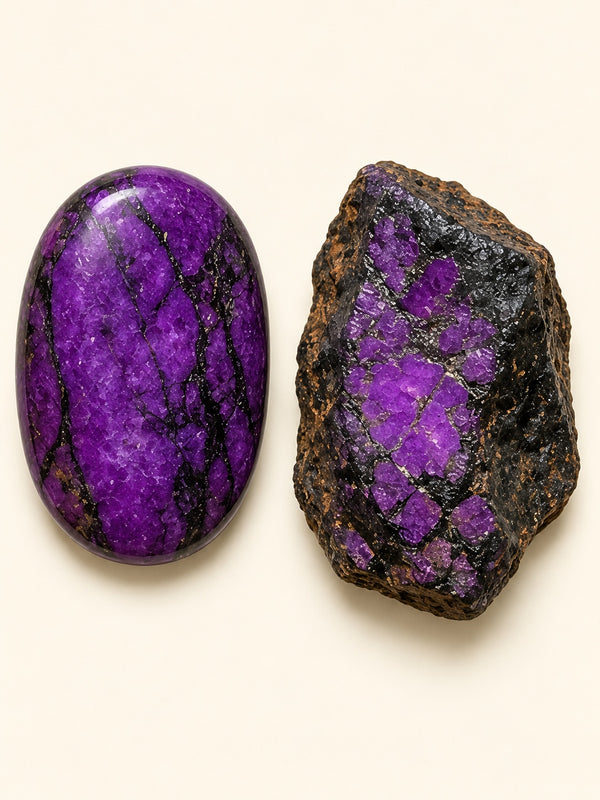 Sugilite shown as a polished palm-stone or cabochon form beside a rough form in a generated educational comparison illustration