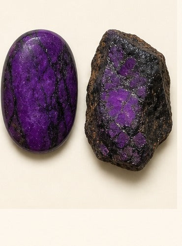 Sugilite shown as a polished palm-stone or cabochon form beside a rough form in a generated educational comparison illustration