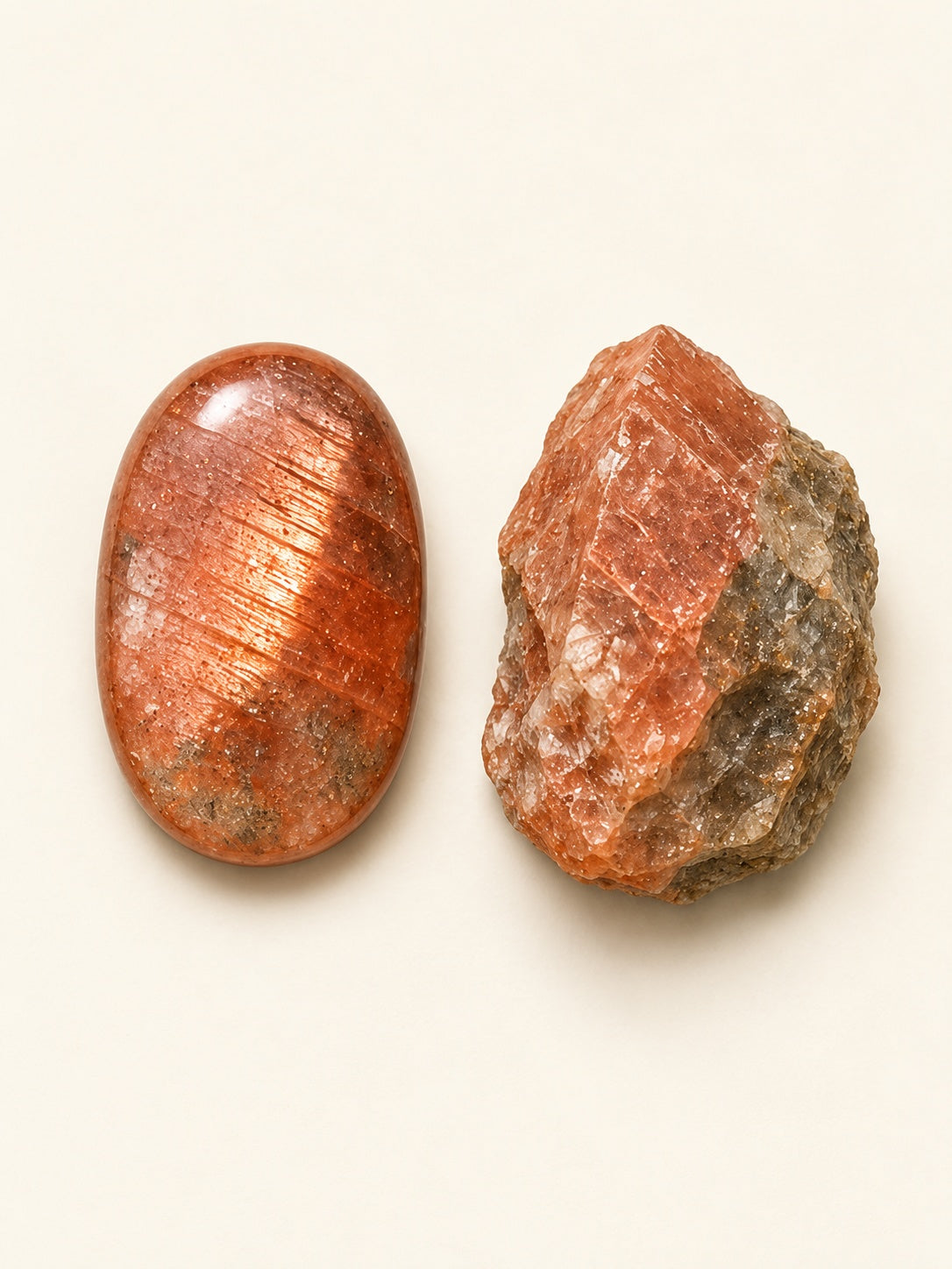 Sunstone shown as a polished palm-stone or cabochon form beside a rough form in a generated educational comparison illustration