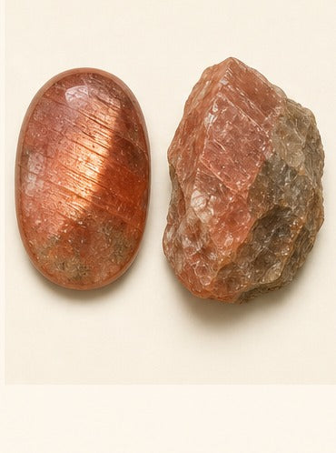 Sunstone shown as a polished palm-stone or cabochon form beside a rough form in a generated educational comparison illustration