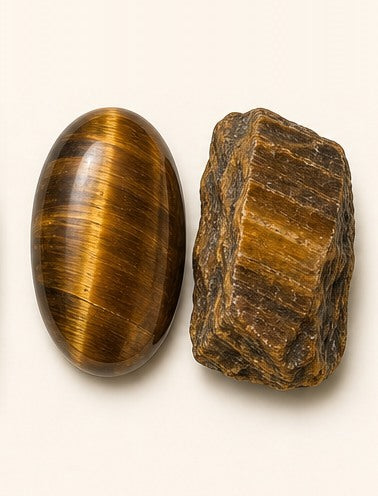 Tiger's Eye shown as a polished palm-stone or cabochon form beside a rough form in a generated educational comparison illustration