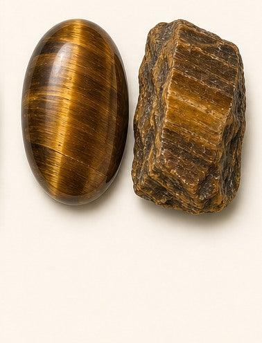 Tiger's Eye shown as a polished palm-stone or cabochon form beside a rough form in a generated educational comparison illustration