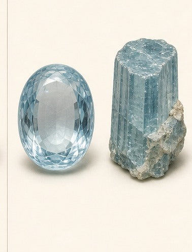 Topaz shown as a polished palm-stone or cabochon form beside a rough form in a generated educational comparison illustration