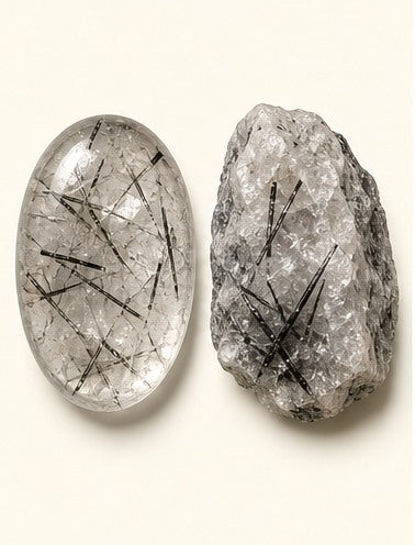 Tourmalinated Quartz shown as a polished palm-stone or cabochon form beside a rough form in a generated educational comparison illustration
