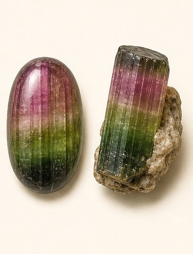 Tourmaline shown as a polished palm-stone or cabochon form beside a rough form in a generated educational comparison illustration