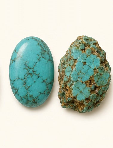 Turquoise shown as a polished palm-stone or cabochon form beside a rough form in a generated educational comparison illustration