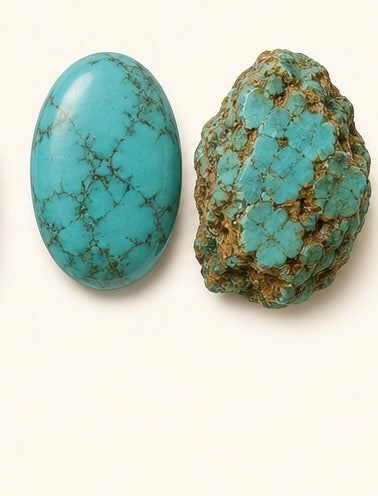 Turquoise shown as a polished palm-stone or cabochon form beside a rough form in a generated educational comparison illustration