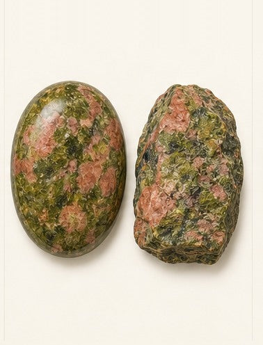Unakite shown as a polished palm-stone or cabochon form beside a rough form in a generated educational comparison illustration