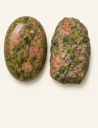 Unakite shown as a polished palm-stone or cabochon form beside a rough form in a generated educational comparison illustration