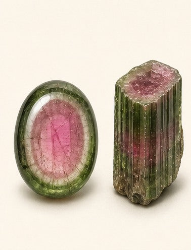 Watermelon Tourmaline shown as a polished palm-stone or cabochon form beside a rough form in a generated educational comparison illustration