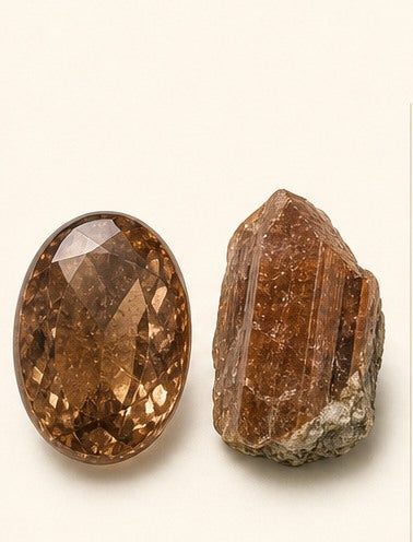 Zircon shown as a polished palm-stone or cabochon form beside a rough form in a generated educational comparison illustration