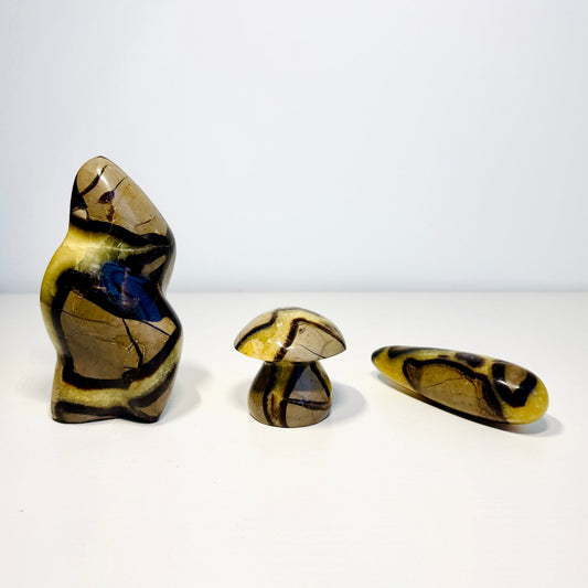 Handpicked Yellow Septarian Dragon Stone Trifecta – Freeform, Mini Mushroom & Massage Wand Set - KREATEUR MIAMI