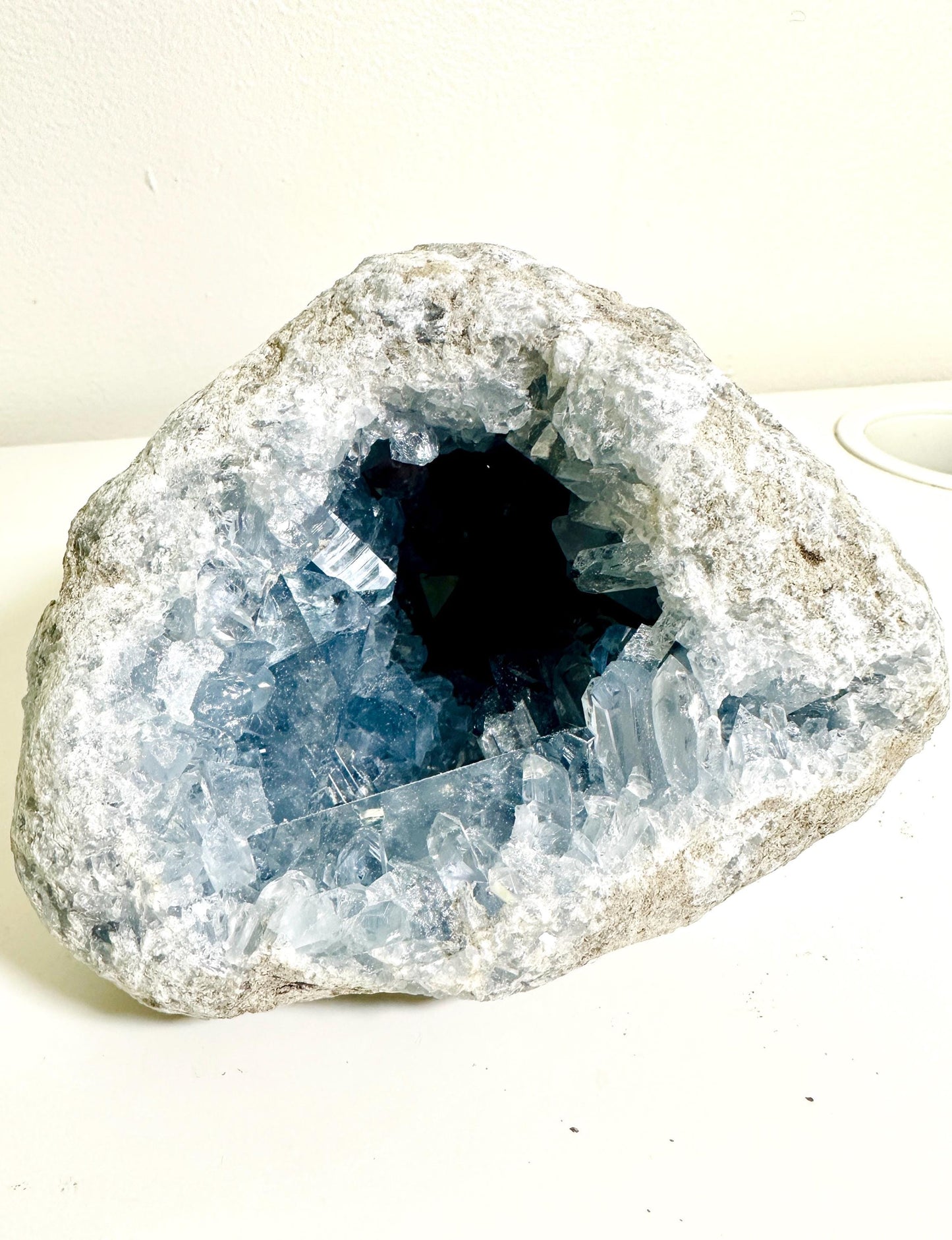 Small Cute Raw Celestite Geode Specimen with Beautiful Sky Blue Crystals (4.2 lbs/1.9 KG)