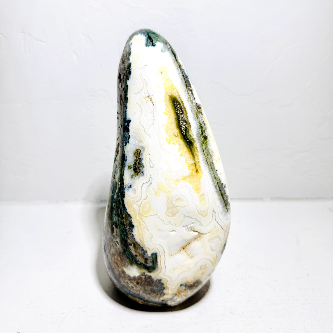 Ocean Jasper AE114, cream face edged with green and ochre bands, 6.3 lb polished freeform