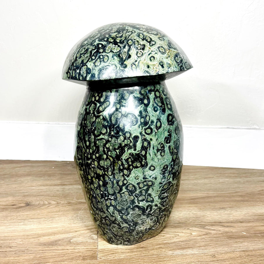 Kabamba Jasper mushroom sculpture, 60.9 lb, with polished green and black orbicular cap and stem
