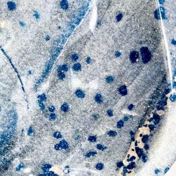 Close-up of deep-blue spots and pale crystalline stripe in quartzite bowl AE110