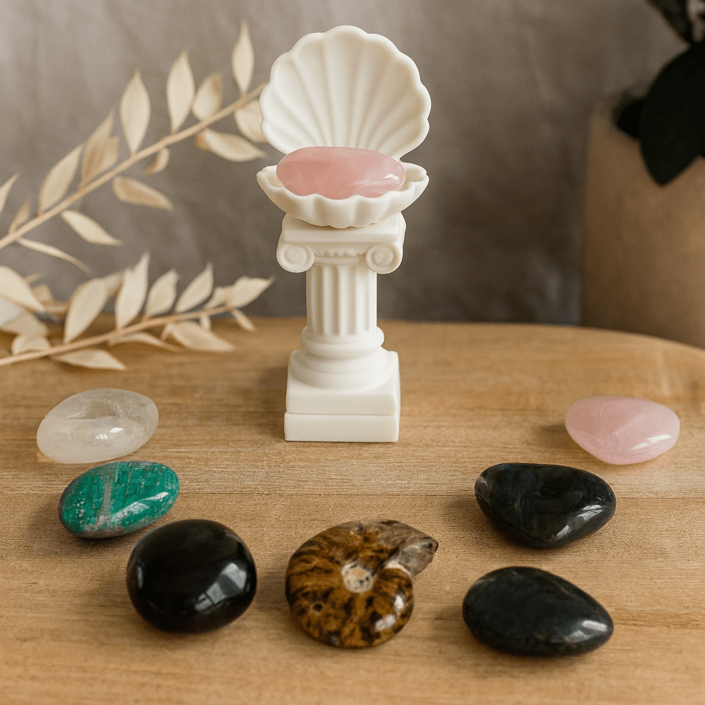 Roman Column Clam Shell Crystal Holder – White Stone - Like Marble Pedestal Display by KREATEUR Studio (Beta) - KREATEUR MIAMI